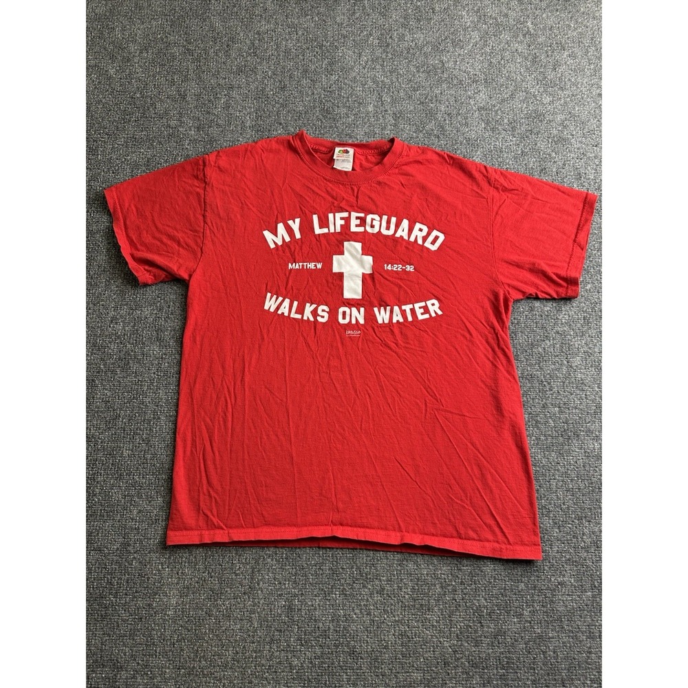 Mens My Lifeguard Walks on Water Christian Red Graphic T-Shirt, Size L
